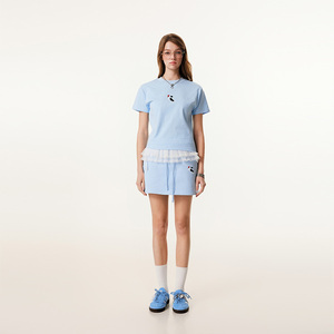 Ensemble deux pièces en coton 440g personnalisé pour femmes, t-shirt avec broderie de chien mignon et mini-jupe à cordon, ensemble de vêtements de sport décontractés - Product Image 1