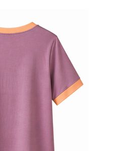 Purple Women Lounge Set Peach Contrast <b>Trim</b> Short Sleeve T Shirt And Shorts Two Piece Outfit Soft Breathable Cotton Blend Set - Product Image 5