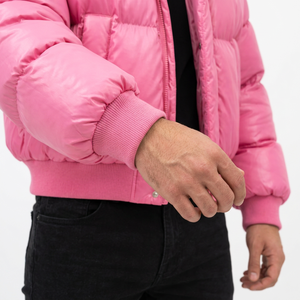 Chaqueta Acolchada Rosa para Hombre, Cuello Alto, Cierre de Cremallera, Relleno Grueso de Poliéster, Estilo Casual de Invierno, Corte Holgado, Color Sólido, Transpirable - Product Image 2