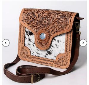 Bolso Bandolera de Cuero con Diseño Floral para Mujer, Estilo Occidental con Concho de Piedra Azul - Product Image 1