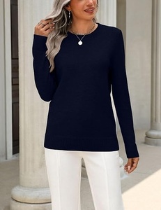 Pull en maille à col rond pour femme, couleur unie, manches longues, décontracté, pour l'automne, 100% acrylique, anti-boulochage, ourlet côtelé - Product Image 2
