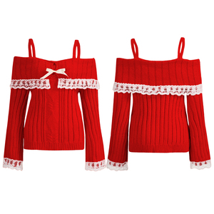 Pulls à manches longues pour femmes avec dentelle en tricot et nœud avant Pull Tops Rouge Taille S - Product Image 1