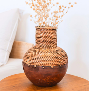 Set of two <b>small</b> patterned woven rattan <b>vases</b> with wide rims and round bodies, available at wholesale prices. - Product Image 6