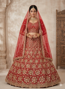 ชุดเลเฮนกาโชลีสีแดงเข้มสุดหรู พร้อมขอบลายหอยเชลล์ ตกแต่งด้วยงานปักลายดอกไม้ดิ้นทองอย่างประณีต ชุดแต่งงานอินเดียดีไซเนอร์ พร้อมผ้าคลุมหน้า - Product Image 2