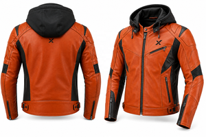 Chaqueta de Motocicleta de Cuero con Capucha Desmontable |   Naranja Gris Azul |   Fabricante OEM ODM |   Diseño de Calidad Premium |   Ropa de Carreras - Product Image 4