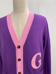 Women Knitted <b>Cardigan</b> V Neck Full Sleeve Contrast Color Preppy Style Alphabet Pattern Button Closure Regular Length Sweater - Product Image 2