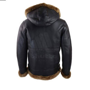 Blousons en cuir shearling pour hommes, à capuche, col montant, logo frontal, doublure chaude écologique, style décontracté pour l'extérieur en hiver - Product Image 2