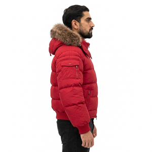 Men's Red Hooded Puffer Jacket <b>Fur</b> <b>Trim</b> Cotton Filled Windproof Zipper Closure Casual Winter Coat Worsted Fabric Streetwear - Product Image 2