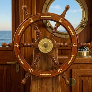 Natural <b>Wood</b> Handcrafted Ship Wheel with Brass <b>Anchor</b> Inlay and Rivets Ocean Maritime Nautical Navy Wall Decor - Product Image 4