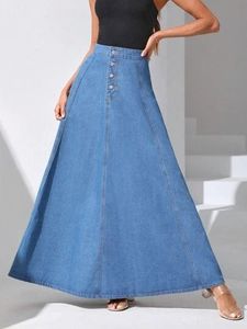 Jupe longue en jean taille haute pour femme, coupe trapèze, couleur unie, boutonnée sur le devant, décontractée, coupe ample, en tissu de coton délavé, style printemps - Product Image 1