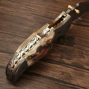 Cuchillo de Acero de Damasco Recto Plegable para Camping y Caza con Mango de Hueso, Funda de Cuero Personalizable OEM, Grado Industrial 58HRC - Product Image 6