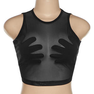Sexy <b>Women's</b> Sleeveless Knitted <b>Mesh</b> Tank <b>Top</b> with Button Ribbons V-Neck Breathable Streetwear Front Logo Digital Print - Product Image 2