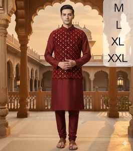 Conjunto de Kurta y Pijama de Seda para Hombre con Lentejuelas de Terciopelo y Chaqueta Nehru Bordada con Zari - Product Image 6