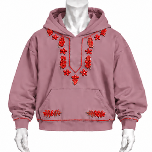 Sweat à capuche rose poudré brodé Indus, broderie florale traditionnelle, poche kangourou, coupe oversize, streetwear décontracté - Product Image 1
