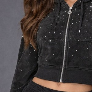 Sudadera con capucha corta de invierno OEM para mujer, con pedrería, de algodón de rizo 450GSM, oversize, hombros caídos, estilo streetwear, forrada, con cremallera personalizada - Product Image 2