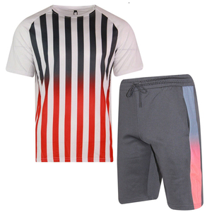 Conjunto Deportivo de Verano, Camiseta y Pantalones Cortos a Rayas, Cómodo y de Secado Rápido, Cuello Redondo, Diseño con Bloques de Color en Degradado - Product Image 4