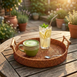 Decorative Round Rattan Tray with Handles Handmade Woven Storage <b>Basket</b> for Coffee <b>Table</b> and Home Uses - Product Image 6