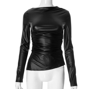Blusa de cuero sintético para mujer, elegante, de manga larga, a la moda, informal, con estilo, de cuero PU, para damas modernas. - Product Image 3