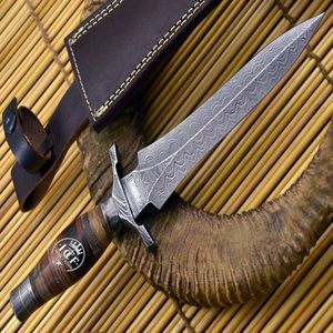 Couteau à lame fixe en acier Damas fait main, 30 cm, manche en corne de cerf avec étui en cuir, pour camping, survie, chasse, tranchant comme un rasoir, DIY - Product Image 1