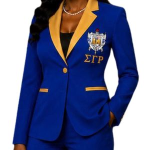 Royal <b>Blue</b> <b>Women's</b> Tailored Pant <b>Suit</b> with Gold Contrast Lapels Embroidered Greek Crest Blazer and Matching <b>Trousers</b> Elegant - Product Image 2