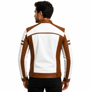 <b>Men's</b> <b>White</b> Brown PU Leather Motorcycle <b>Jacket</b> Stand Collar Zipper Front Moto Biker Style Regular Fit - Product Image 4