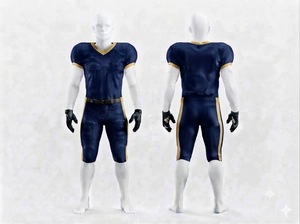 Ensemble d'uniformes de football personnalisés pour hommes, bleu marine, col en V, manches courtes, jersey respirant ajusté en mesh avec bordure dorée - Product Image 1