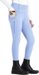 Pantalones de montar de mezclilla de punto de cintura media con agarre de silicona en toda la asiento y elásticos para mujer - Product Image 4
