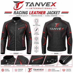 TANVEX <b>Racer</b> Pro Men's Winter Leather Jacket Black Red White Stand Collar Eco-Friendly Customized Fabric Moto Biker Style Zipper - Product Image 5