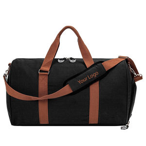 High Quality Unisex <b>Canvas</b> Duffel <b>Bag</b> 30-40L Zipper Closure Soft Handle Durable Casual Solid Black with Brown Strap - Product Image 4