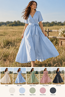 Robe longue élégante décontractée en coton et lin, col en V, manches courtes, taille à nouer, fluide, à volants, pour l'été, la plage et les vacances, 6XL