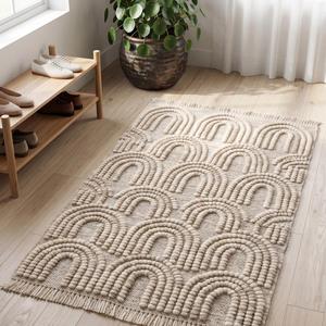 Modern Handwoven Cream Beige Wool <b>Rug</b> Anti-Slip Medium Pile Solid Color Area Carpet Fringe Living Room Bedroom <b>Boho</b> Home - Product Image 6
