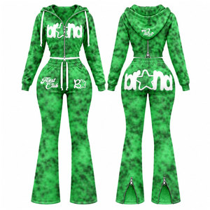 Conjunto de chándal verde con capucha para mujer, manga larga, cremallera frontal, estampado de logo en la espalda, pantalones acampanados con dobladillo dividido, ropa urbana para primavera - Product Image 1