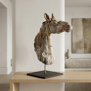 Soporte de metal con cabeza de toro de madera artesanal, escultura rústica tribal, pieza decorativa para mesa, adorno para el hogar - Product Image 2