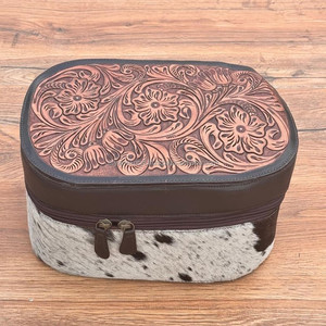 Nouvel arrivage de boîte de rangement pour cosmétiques de maquillage élégant en cuir repoussé à la main boîte de rangement pour vanité en cuir et fourrure de vachette boîte d'organisation de salle de bain - Product Image 2