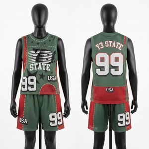 Premium 120g Polyester <b>Mesh</b> Jersey <b>Short</b> Set Breathable Sportswear Red Green Panels Custom Heat-Transfer Printing Front Men's - Product Image 1