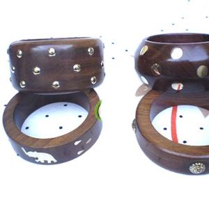 Antique Handmade Beautiful and Designer Wooden Bangles with Brass Inlay Work - Product Image 1