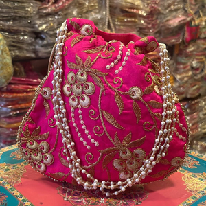 Indian Handcrafted Precision-Made Flexible Adjustable Leaf Pattern Brocade Fabric <b>Pouches</b> Potli Gifts Jewelry Weddings <b>Bags</b> - Product Image 3