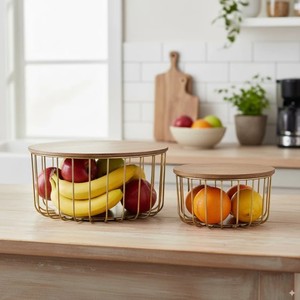 Round Metal Fruit <b>Basket</b> Wooden Lid Set | Glossy Finish | Multifunctional Modern Fruit Storage Bowl | Kitchen Table Organizer - Product Image 3