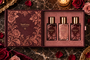 Boîte de découverte de parfum personnalisée en velours rose, style livre à charnières - Product Image 2