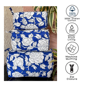 Juego de Bolsas de Cosméticos de Algodón con Estampado Floral Azul y Blanco, Estilo Bohemio, Bordadas, Multifuncionales, Bolsas Organizadoras de Viaje - Product Image 3