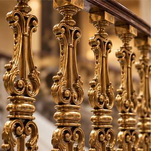 Rampe d'escalier en métal doré orné avec balustres baroques complexes et main courante en bois foncé pour intérieurs de luxe - Product Image 2