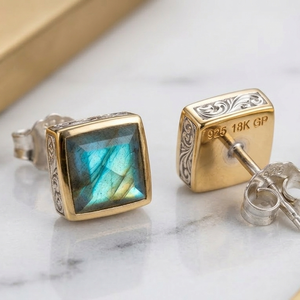 Labradorite Cushion Cut Earrings 10MM 925 <b>Sterling</b> <b>Silver</b> 18K Gold Plated Handmade Jewelry Everyday Wear Gift for Her - Product Image 4