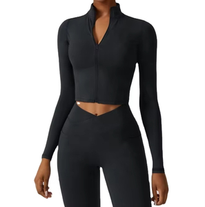 Women's 2-Piece Gym Fitness Set Turtleneck Long Sleeve Top High Waist Leggings <b>Zip</b>-<b>Up</b> Closure Non-Convertible Straps Seamless - Product Image 4