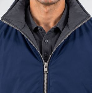 Veste matelassée réversible en toile pour homme, extérieur bleu marine, intérieur gris anthracite, avec fermeture éclair métallique, service OEM personnalisé pour l'hiver - Product Image 6