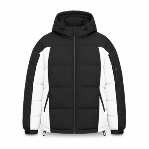Luxury Color Block Casual Puffer <b>Jacket</b> Winter Fashion Hood Custom Chenille Patch Concealed Zipper Front Hand Pockets Outerwear - Product Image 1