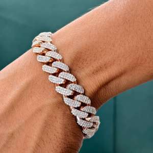 Pulsera de Eslabones Cubanos de Plata de Ley 925 Bañada en Oro Rosa con Cadena de Moissanita, Estilo Hip Hop de Lujo Unisex, Certificado GRA - Product Image 1