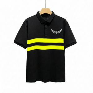 Polo à manches courtes noir pour homme avec rayures blanches et logo brodé, design décontracté en coton Oxford respirant - Product Image 4