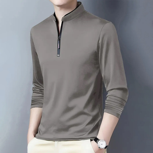Men's Stand Collar <b>Zip</b> T-<b>Shirt</b> Long Sleeve Solid Color Casual Knitted Top 100% Cotton 120g Anti-Wrinkle Front Logo for Commuting - Product Image 4