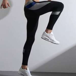 Men's <b>Black</b> Full Length Compression <b>Leggings</b> <b>High</b> <b>Waist</b> Seamless Four-Way Stretch Color Blocking Yoga Pants - Product Image 4
