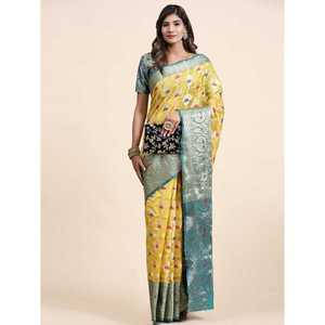 DISEÑADOR ORGANZA SEDA ZARI TRABAJO SAREE CON DESCOSTE AMARILLO - Product Image 2